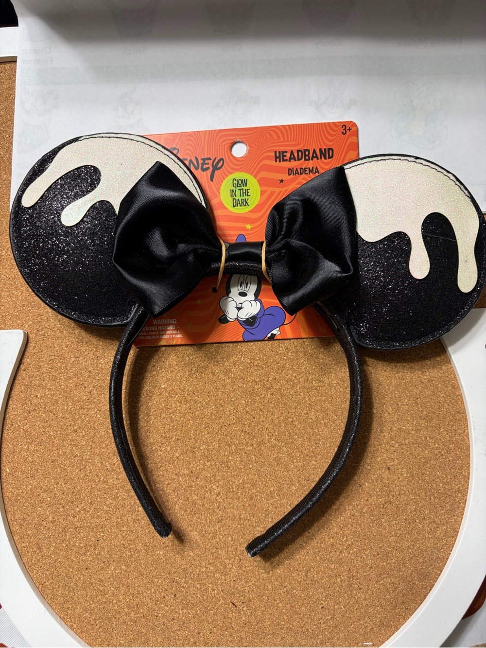 Disney Halloween Black Glitter Minnie Ear Headband with Cream Glow Accent